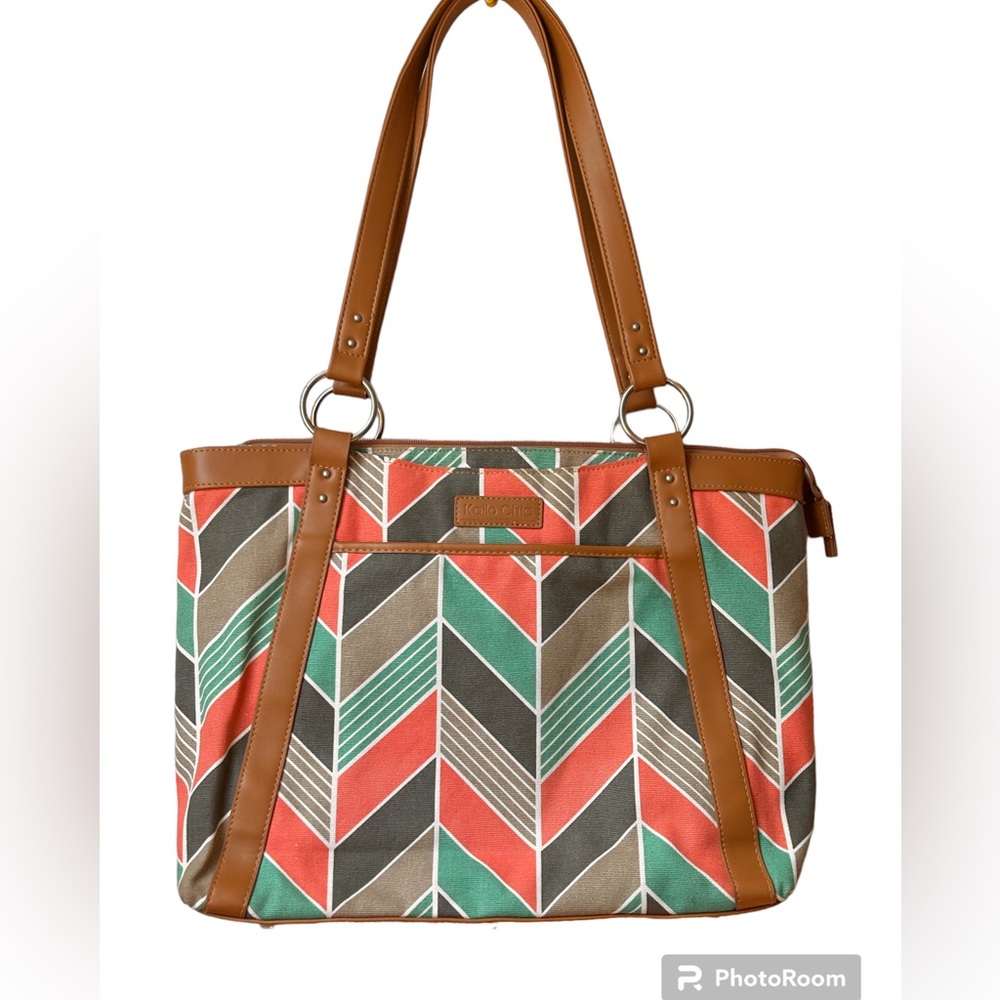 KAILO CHIC CORAL & TURQUOISE CHEVRON FABRIC LAPTOP ORGANIZER  BAG TRAVEL TOTE
